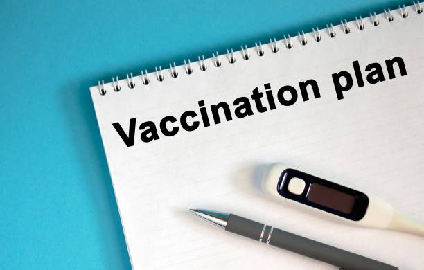 A vaccination plan notebook, thermometer, and pen on a blue background