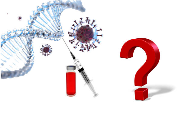 Hình minh họa DNA, vaccine, ống tiêm và dấu hỏi