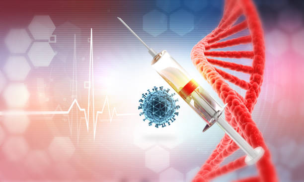 Hình minh họa ống tiêm, virus và chuỗi DNA trong công nghệ vaccine