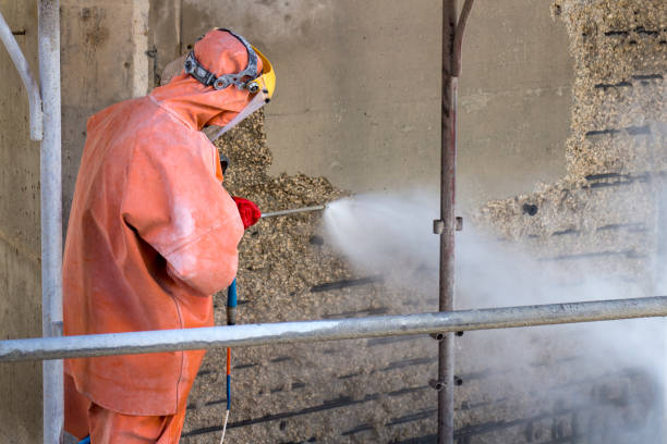 Worker cleaning a livestock housing surface with protective equipment