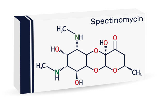 Hình minh họa công thức hóa học của spectinomycin trên bao bì thuốc