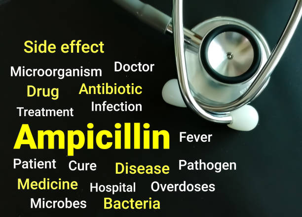 Hình minh họa ampicillin, kháng sinh và ống nghe y tế về chủ đề kháng thuốc